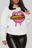 White Fashion Street Lips Printed Patchwork O Neck Tops