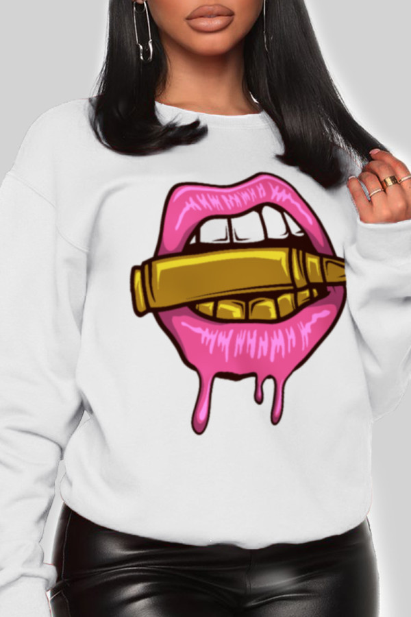 White Fashion Street Lips Printed Patchwork O Neck Tops