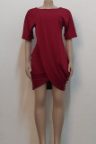 Brown Casual Solid Split Joint Asymmetrical O Neck One Step Skirt Dresses