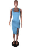 Light Blue Fashion Sexy Solid Asymmetrical Slip Asymmetrical Dresses