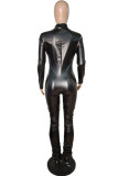 Black Sexy Solid Fold Zipper O Neck Straight Jumpsuits