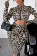 Khaki Sexy Print Hollowed Out Patchwork O Neck One Step Skirt Dresses