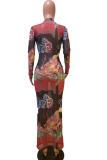 Red Sexy Print Patchwork O Neck Pencil Skirt Dresses