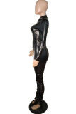 Black Sexy Solid Fold Zipper O Neck Straight Jumpsuits