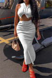 White Fashion Sexy Solid Patchwork V Neck Sleeveless Two Pieces