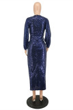 Blue Fashion Sexy Plus Size Patchwork Sequins Slit V Neck Evening Dress