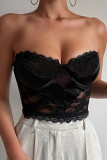 Black Sexy Solid Patchwork See-through Strapless Tops