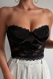 Black Sexy Solid Split Joint See-through Strapless Tops