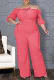 Watermelon Red Fashion Casual Solid Bandage Backless Off the Shoulder Plus Size Jumpsuit