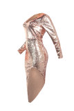 Pink Fashion Sexy Patchwork Sequins Asymmetrical V Neck Long Sleeve Dresses