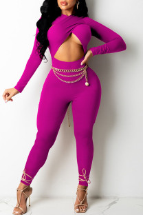 Rose Red Sexy Solid Hollowed Out Split Joint Asymmetrical Regular Jumpsuits (Without Belt)