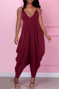 Burgundy Sexy Casual Solid Backless Spaghetti Strap Regular Jumpsuits
