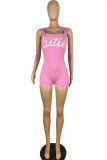 Pink Casual Sportswear Letter Print Beading Square Collar Skinny Romper