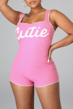 Pink Casual Sportswear Letter Print Beading Square Collar Skinny Romper
