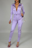 Light Purple Casual Solid Patchwork V Neck Long Sleeve Two Pieces