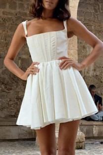 White Sexy Elegant Solid Split Joint Fold Spaghetti Strap Sling Dress Dresses