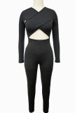 Black Sexy Solid Hollowed Out Patchwork Asymmetrical Regular Jumpsuits (Without Belt)