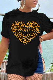 Black Fashion Street Leopard Lips Printed Split Joint O Neck T-Shirts