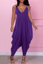 Purple Sexy Casual Solid Backless Spaghetti Strap Regular Jumpsuits