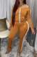Camel Casual Solid Patchwork Off the Shoulder Long Sleeve Two Pieces