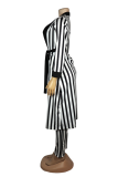 Black And White Casual Striped Split Joint Cardigan Collar Long Sleeve Two Pieces