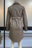 Khaki Fashion Casual Solid Patchwork Pocket Buckle Turndown Collar Shirt Dress Dresses