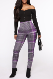Red Casual Plaid Patchwork Skinny High Waist Pencil Full Print Bottoms