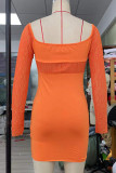 Orange Sexy Solid Hollowed Out Split Joint Halter Pencil Skirt Dresses