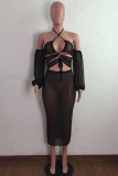 Yellow Sexy Solid Hollowed Out See-through Backless Strapless Long Dress