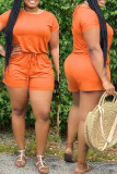 Orange Fashion Casual Solid Basic O Neck Regular Rompers