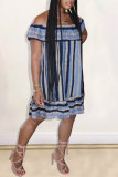 Blue Sexy Casual Striped Print Backless Off the Shoulder Short Sleeve Dress