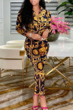 Rose Red Casual Print Patchwork Buckle Turndown Collar Long Sleeve Two Pieces