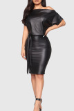 Black Plus Size Fashion Sexy Solid Split Joint Frenulum Off the Shoulder Short Sleeve Dress