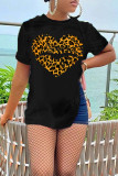 Black Fashion Street Leopard Lips Printed Patchwork O Neck T-Shirts