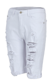 White Casual Patchwork Ripped Mid Waist Straight Denim Shorts