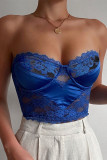 Blue Sexy Solid Patchwork See-through Strapless Tops