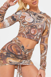 Dark Brown Sexy Print Split Joint Draw String Fold O Neck Long Sleeve Two Pieces