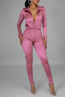 Pink Casual Solid Split Joint V Neck Long Sleeve Two Pieces