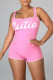 Pink Casual Sportswear Letter Print Beading Square Collar Skinny Romper