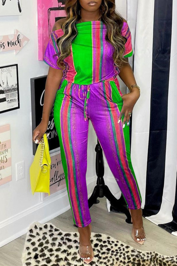 Purple Fashion Casual Print Basic Off the Shoulder Regular Jumpsuits