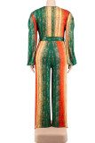 Red Green Casual Striped Print Bandage Split Joint V Neck Plus Size Jumpsuits