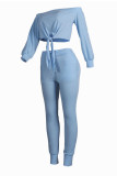 Baby Blue Sexy Casual Solid Bandage Backless Off the Shoulder Long Sleeve Two Pieces