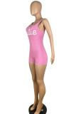 Pink Casual Sportswear Letter Print Beading Square Collar Skinny Romper