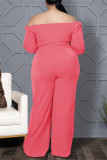 Watermelon Red Fashion Casual Solid Bandage Backless Off the Shoulder Plus Size Jumpsuit