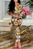 Rose Red Casual Print Patchwork Buckle Turndown Collar Long Sleeve Two Pieces