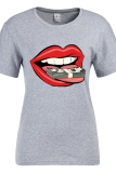 Navy Blue Fashion Street Lips Printed Patchwork O Neck T-Shirts