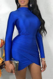 Color Blue Fashion Sexy Solid Fold Half A Turtleneck Long Sleeve Dresses
