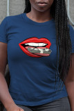 Navy Blue Fashion Street Lips Printed Patchwork O Neck T-Shirts