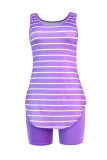Purple Fashion Casual Striped Print Vests O Neck Sleeveless Two Pieces