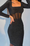 Black Sexy Solid Patchwork See-through Square Collar One Step Skirt Dresses
